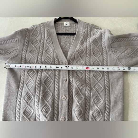 Sunday Best Taupe Cable Knit Cardigan Wool Blend Sz. Small Grandpa Grandma Luxe - Picture 5 of 11